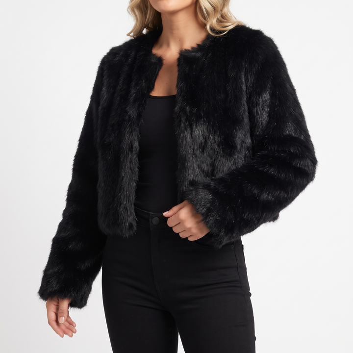 Womens Cropped Faux Fur Coat – Plush Open Front