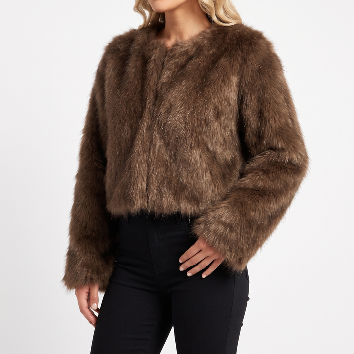 Womens Cropped Faux Fur Coat – Plush Open Front