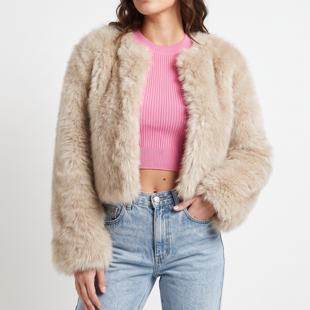 Womens Cropped Faux Fur Coat – Plush Open Front