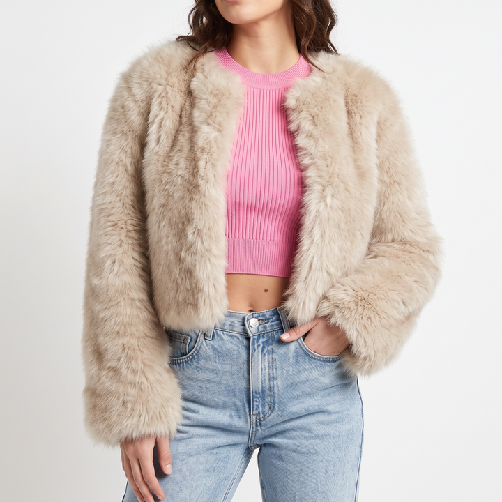 Womens Cropped Faux Fur Coat – Plush Open Front