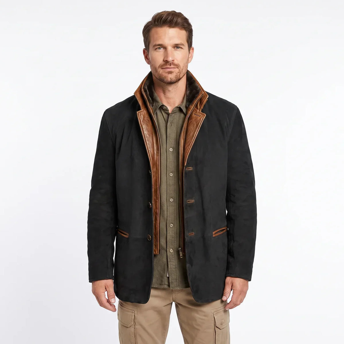 Men's Suede Leather Jacket Contrast Trim Stand Collar Blazer Winter Coat