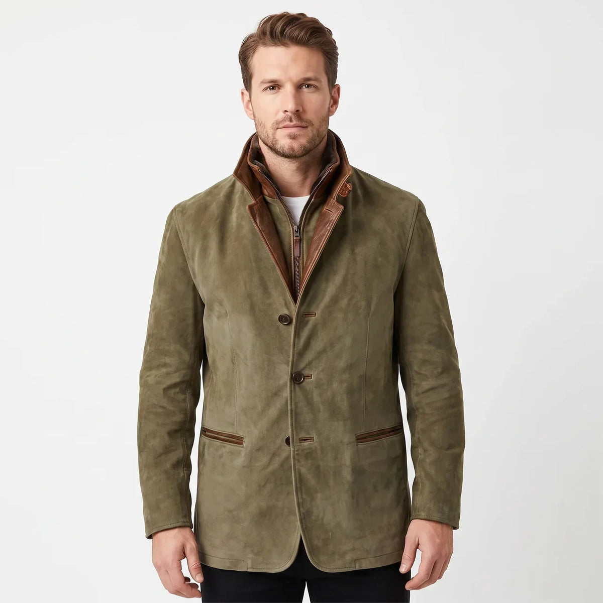 Men's Suede Leather Jacket Contrast Trim Stand Collar Blazer Winter Coat