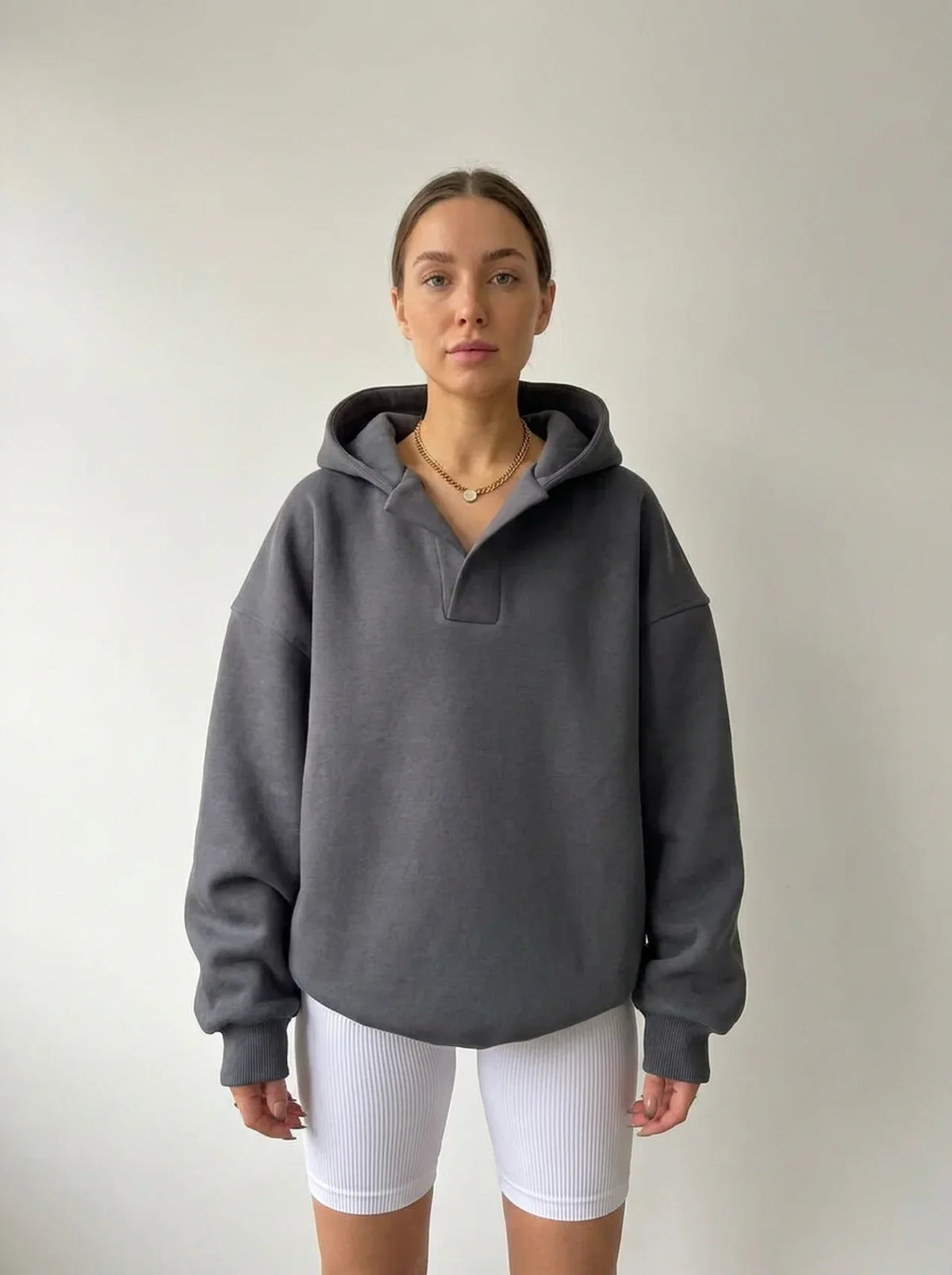 Women's Oversized Winter Hoodie V-Neck Collar Fleece Pullover