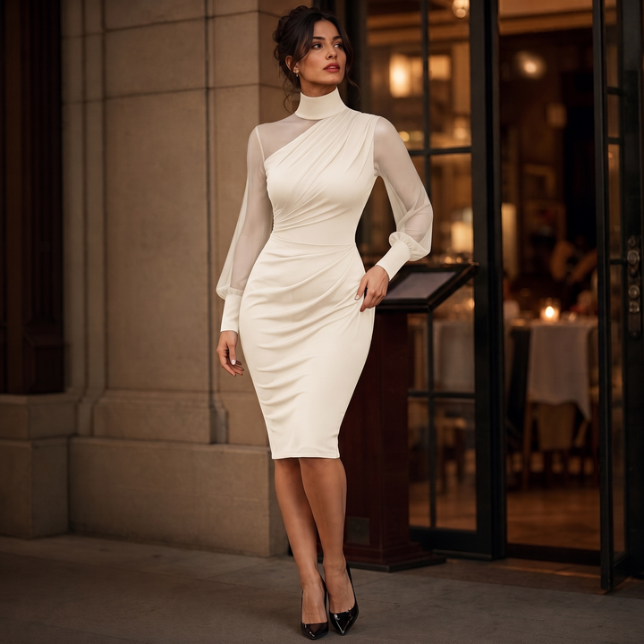 Mesh Sleeve Mock Neck Midi Dress