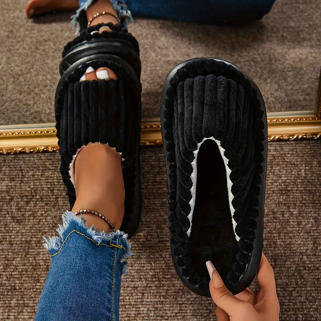 Striped Peep Toe Cozy Slide Slippers