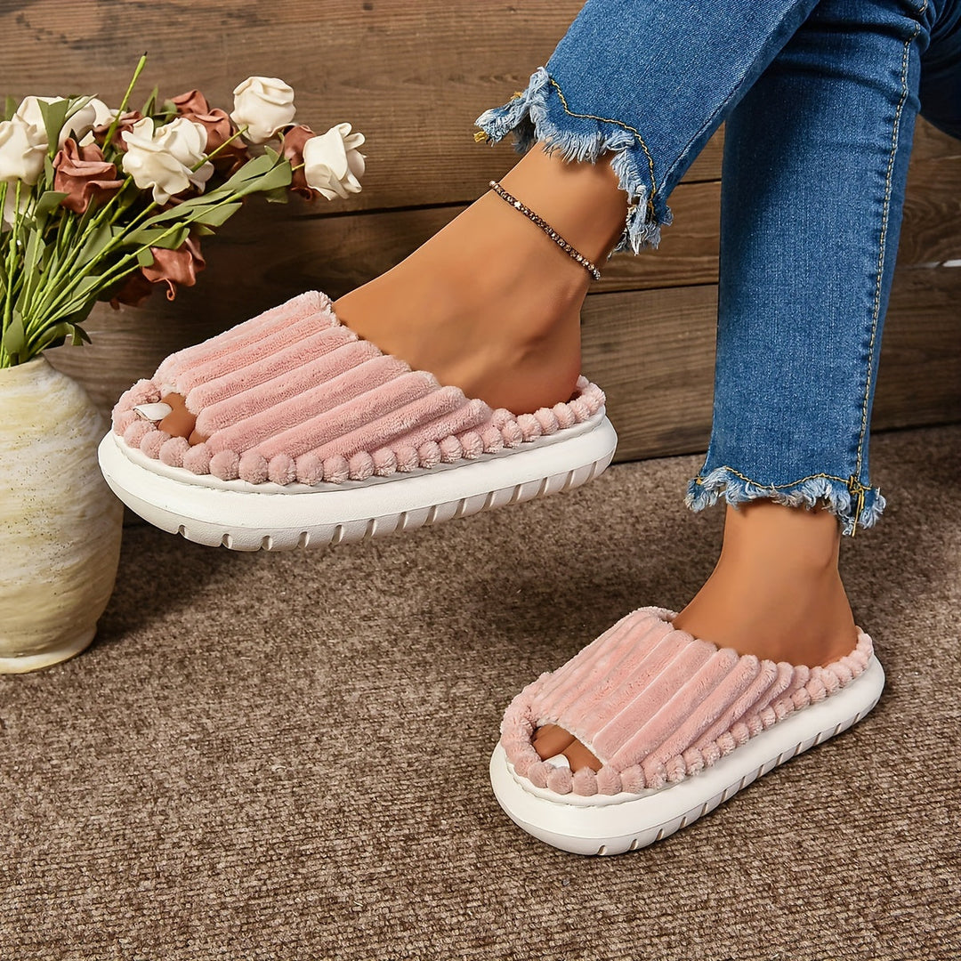 Striped Peep Toe Cozy Slide Slippers