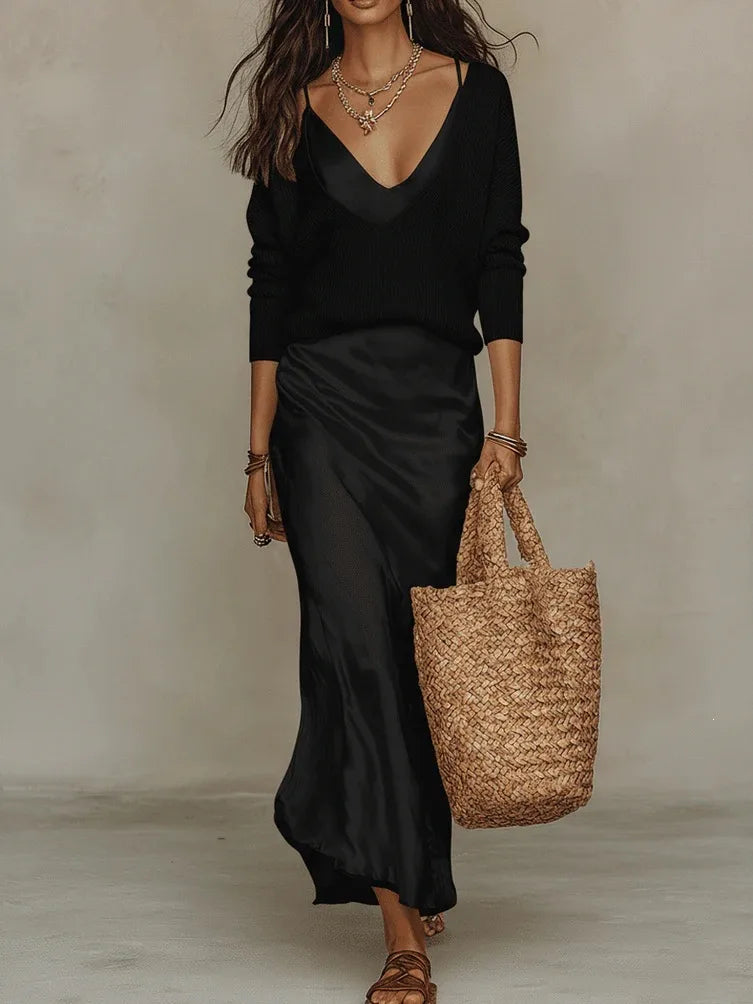 Women's V-Neck Sweater and Dress Set in Black