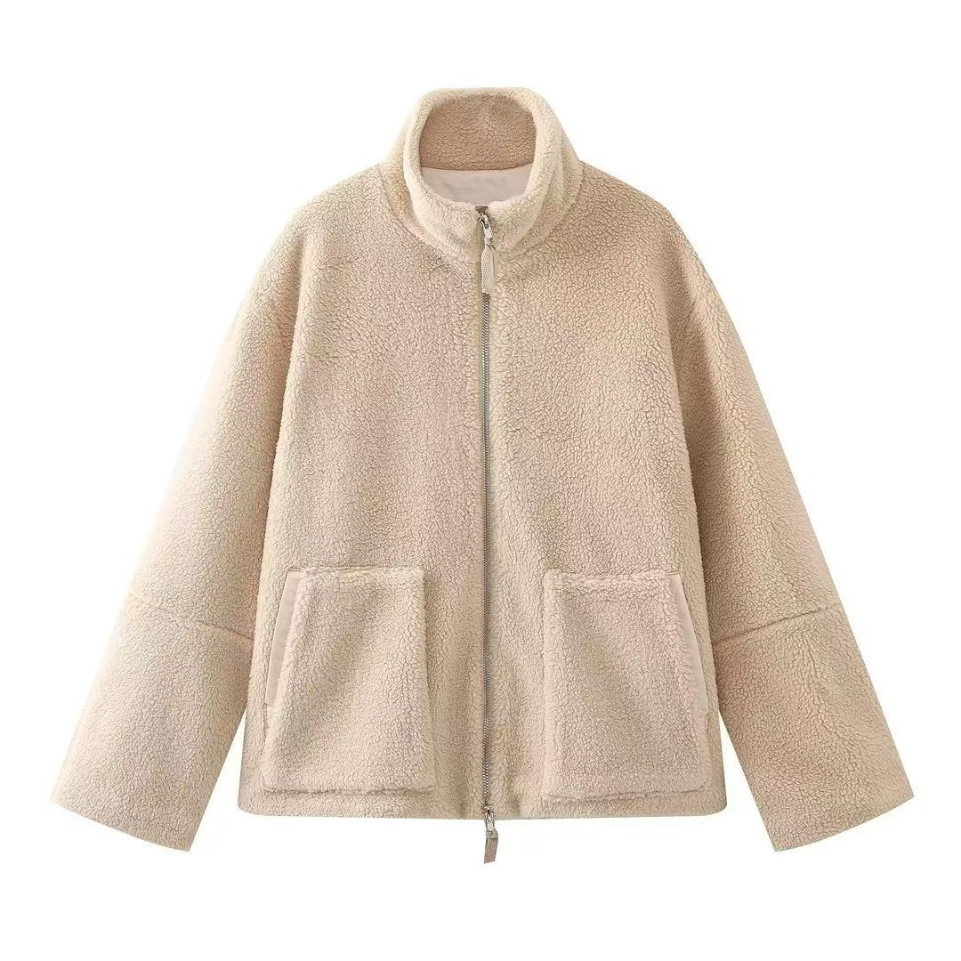 Women's Sherpa Fleece Zip Up Jacket Stand Collar Oversized Warm Winter Coat