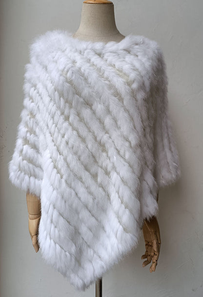 Women's Faux-Fur Knitted Poncho Cape Asymmetric Hem Fluffy Wrap Shawl