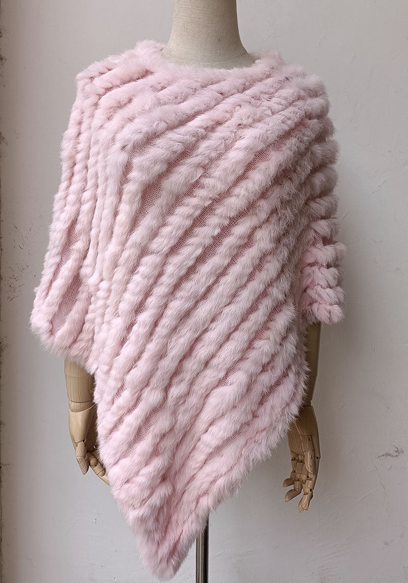 Women's Faux-Fur Knitted Poncho Cape Asymmetric Hem Fluffy Wrap Shawl