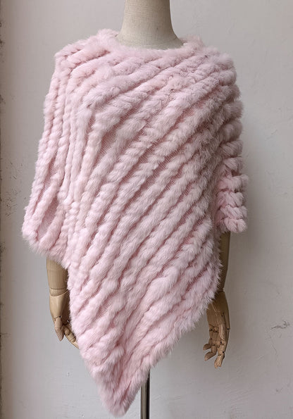 Women's Faux-Fur Knitted Poncho Cape Asymmetric Hem Fluffy Wrap Shawl