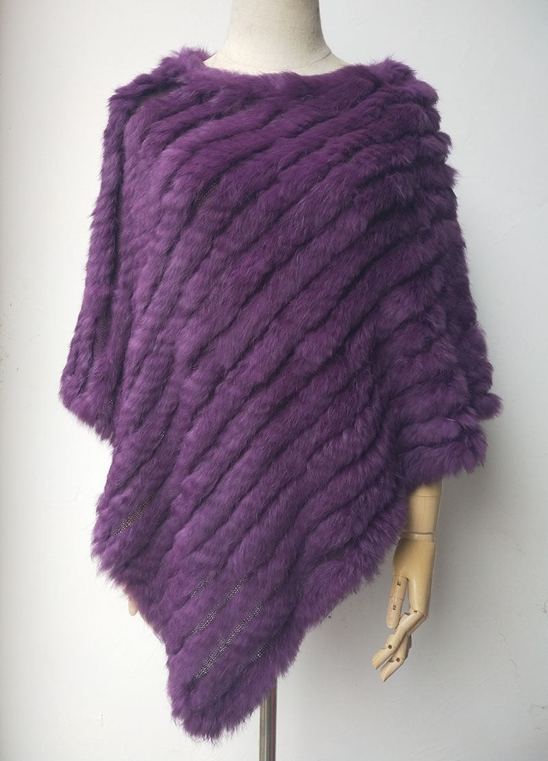 Women's Faux-Fur Knitted Poncho Cape Asymmetric Hem Fluffy Wrap Shawl