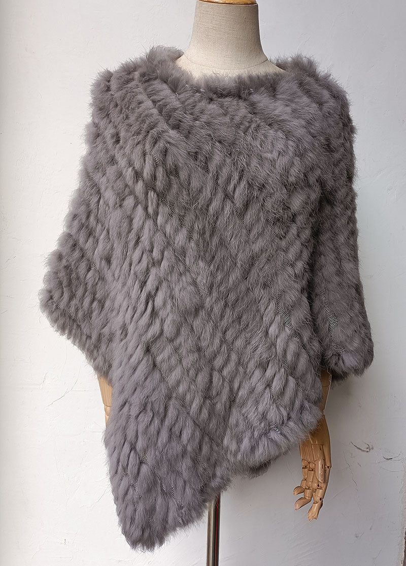 Women's Faux-Fur Knitted Poncho Cape Asymmetric Hem Fluffy Wrap Shawl
