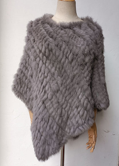 Women's Faux-Fur Knitted Poncho Cape Asymmetric Hem Fluffy Wrap Shawl