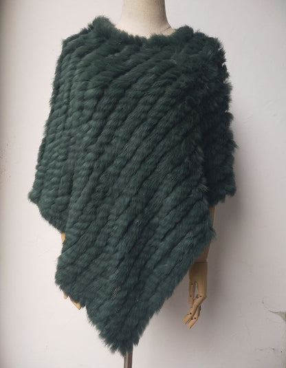 Women's Faux-Fur Knitted Poncho Cape Asymmetric Hem Fluffy Wrap Shawl