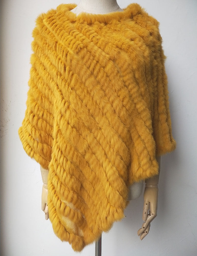 Women's Faux-Fur Knitted Poncho Cape Asymmetric Hem Fluffy Wrap Shawl