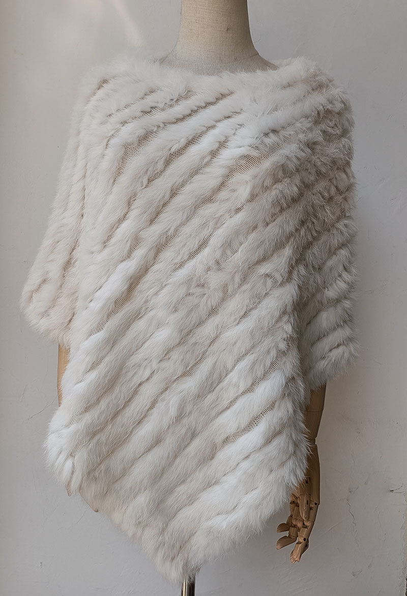 Women's Faux-Fur Knitted Poncho Cape Asymmetric Hem Fluffy Wrap Shawl