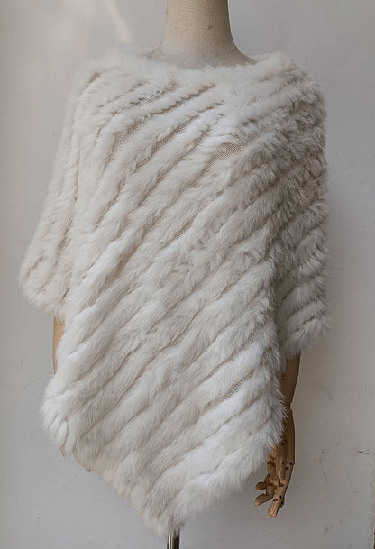 Women's Faux-Fur Knitted Poncho Cape Asymmetric Hem Fluffy Wrap Shawl