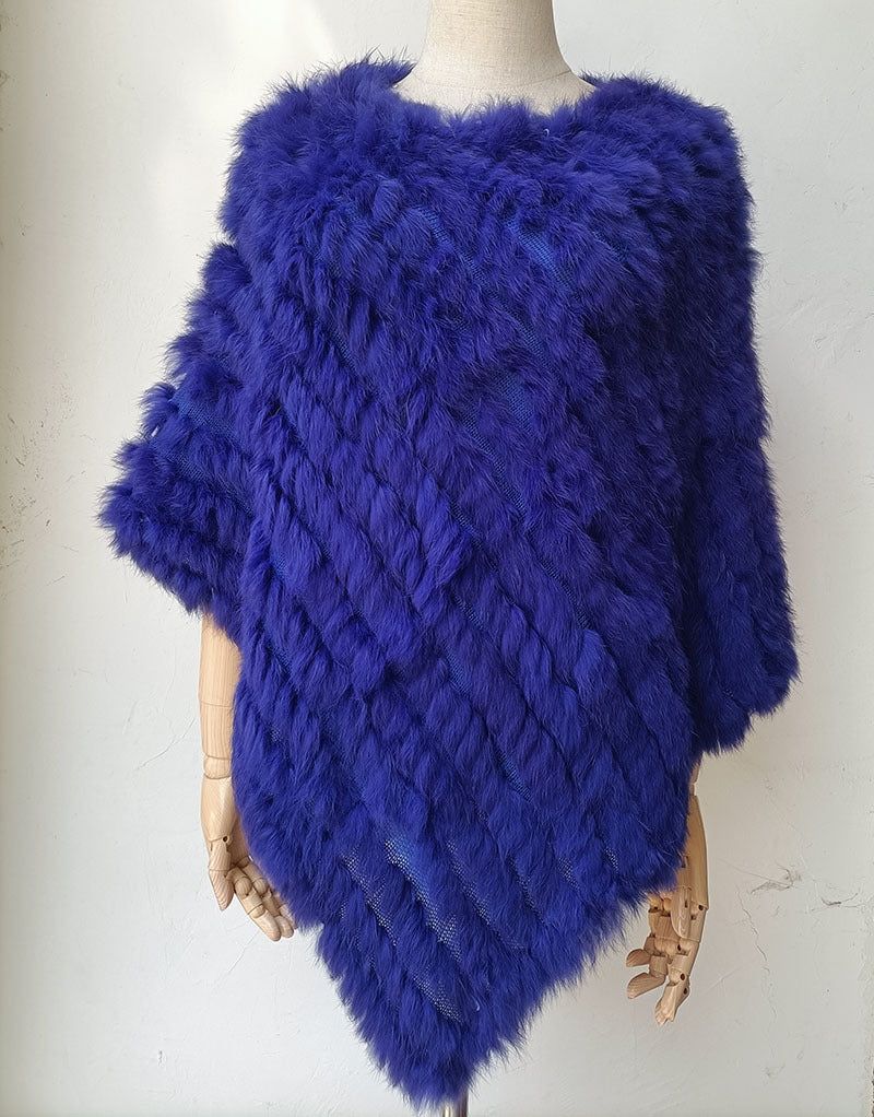 Women's Faux-Fur Knitted Poncho Cape Asymmetric Hem Fluffy Wrap Shawl