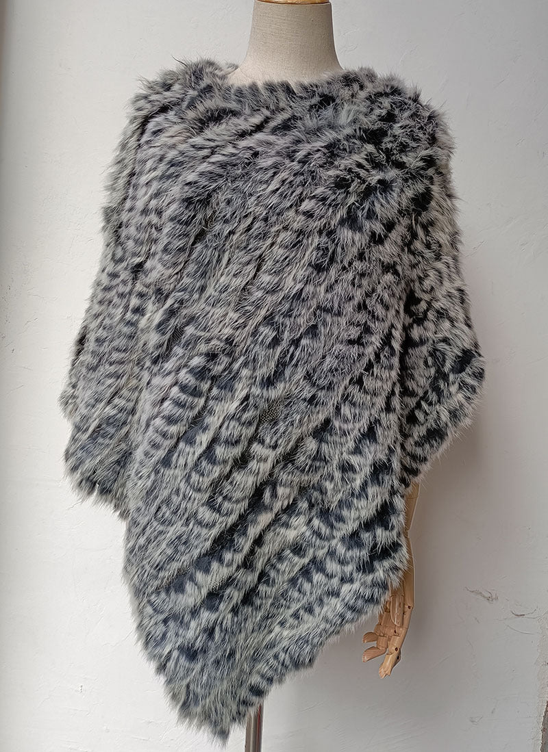 Women's Faux-Fur Knitted Poncho Cape Asymmetric Hem Fluffy Wrap Shawl