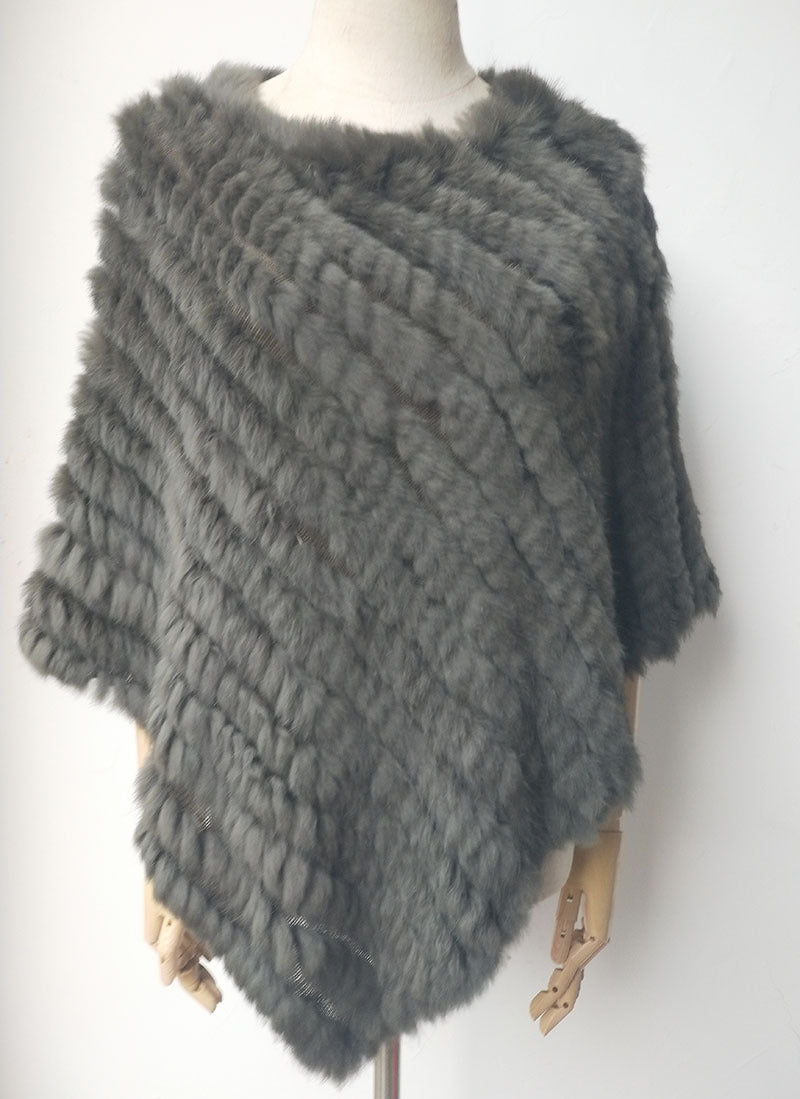 Women's Faux-Fur Knitted Poncho Cape Asymmetric Hem Fluffy Wrap Shawl