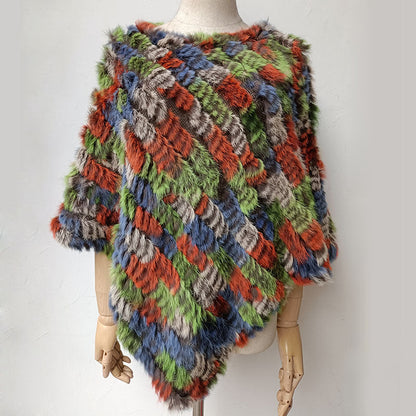 Women's Faux-Fur Knitted Poncho Cape Asymmetric Hem Fluffy Wrap Shawl