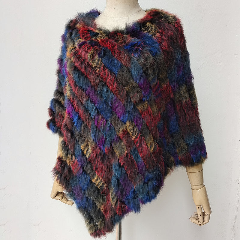 Women's Faux-Fur Knitted Poncho Cape Asymmetric Hem Fluffy Wrap Shawl