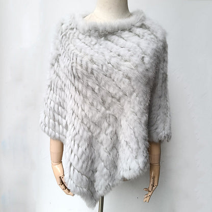 Women's Faux-Fur Knitted Poncho Cape Asymmetric Hem Fluffy Wrap Shawl