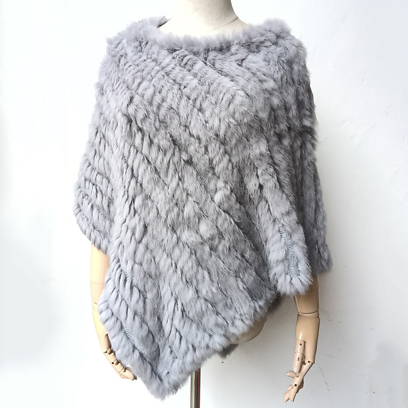 Women's Faux-Fur Knitted Poncho Cape Asymmetric Hem Fluffy Wrap Shawl