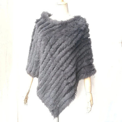 Women's Faux-Fur Knitted Poncho Cape Asymmetric Hem Fluffy Wrap Shawl