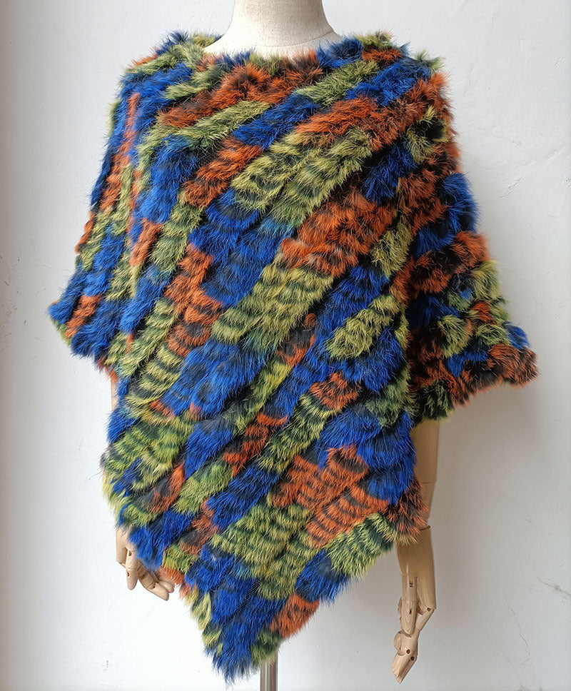 Women's Faux-Fur Knitted Poncho Cape Asymmetric Hem Fluffy Wrap Shawl