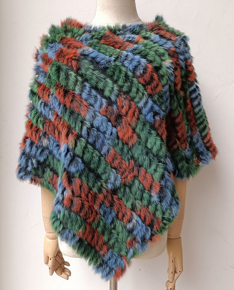 Women's Faux-Fur Knitted Poncho Cape Asymmetric Hem Fluffy Wrap Shawl