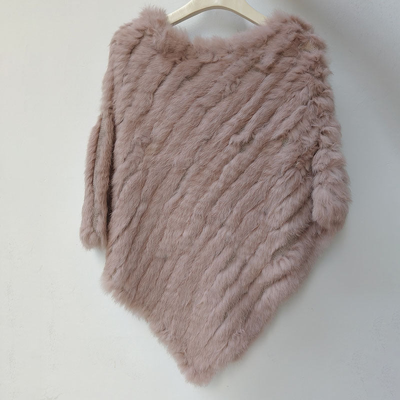 Women's Faux-Fur Knitted Poncho Cape Asymmetric Hem Fluffy Wrap Shawl