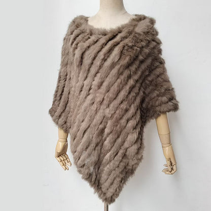 Women's Faux-Fur Knitted Poncho Cape Asymmetric Hem Fluffy Wrap Shawl