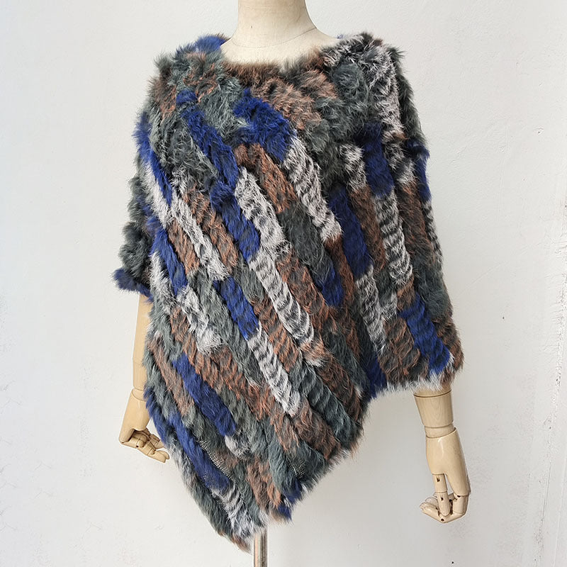 Women's Faux-Fur Knitted Poncho Cape Asymmetric Hem Fluffy Wrap Shawl