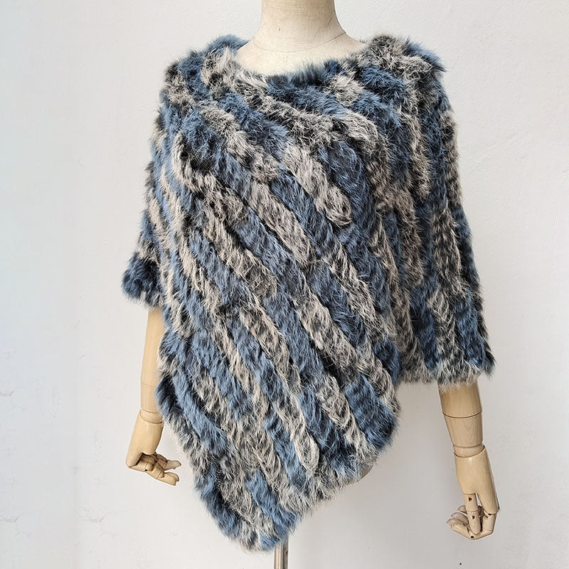 Women's Faux-Fur Knitted Poncho Cape Asymmetric Hem Fluffy Wrap Shawl