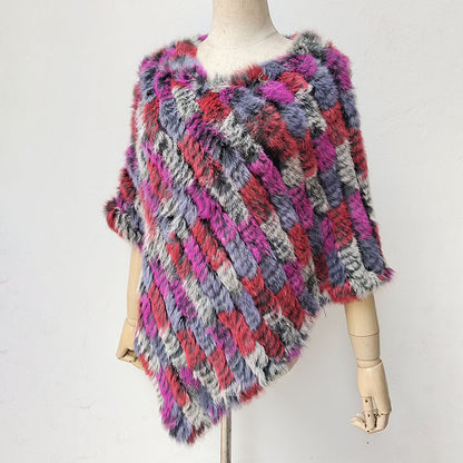 Women's Faux-Fur Knitted Poncho Cape Asymmetric Hem Fluffy Wrap Shawl