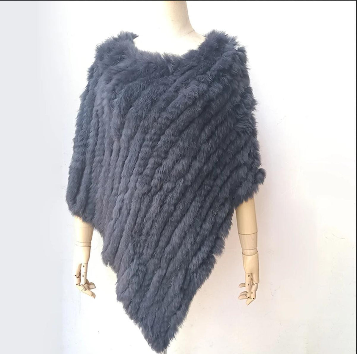 Women's Faux-Fur Knitted Poncho Cape Asymmetric Hem Fluffy Wrap Shawl