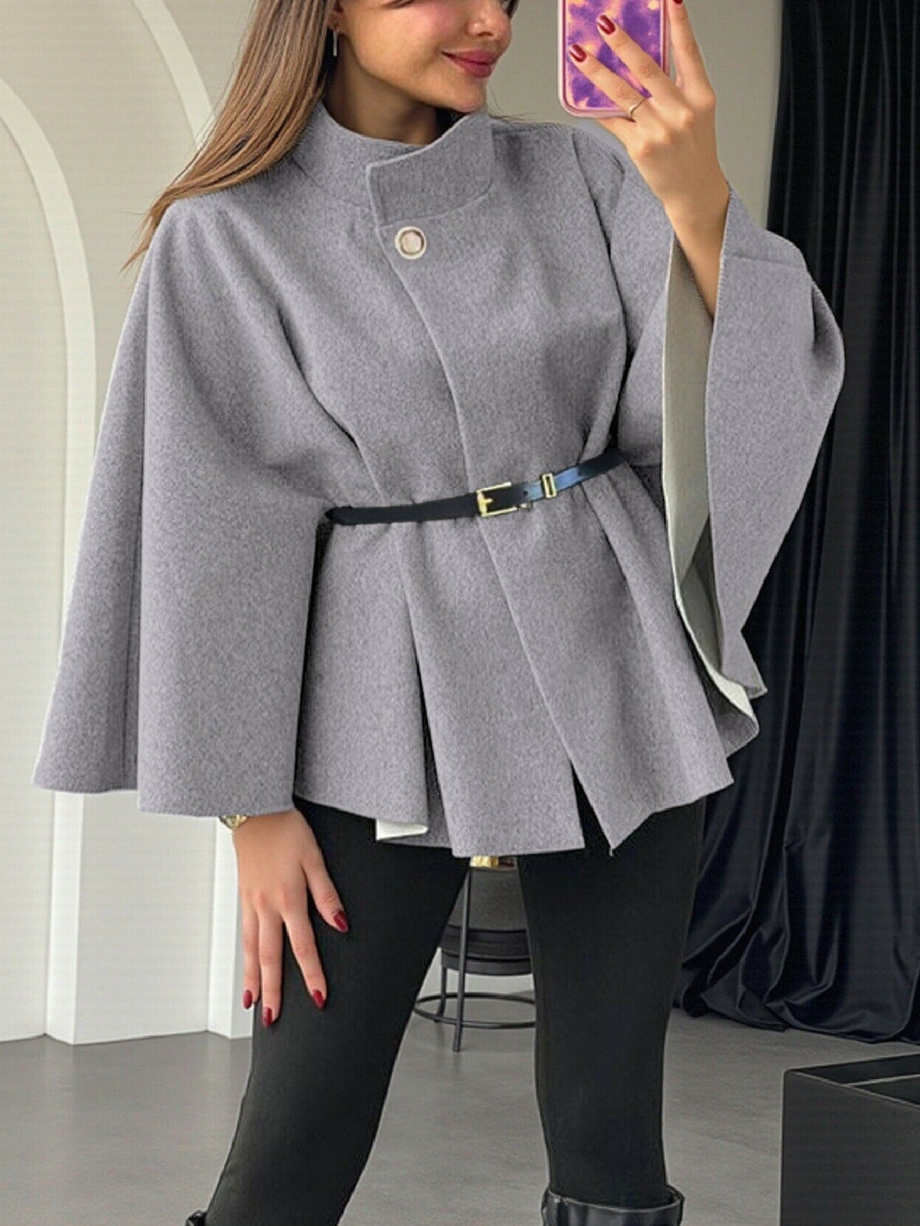 Women's Belted Waist Elegant Cape Poncho Jacket