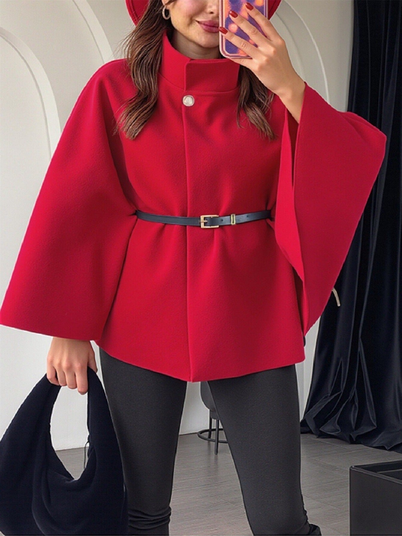 Women's Belted Waist Elegant Cape Poncho Jacket