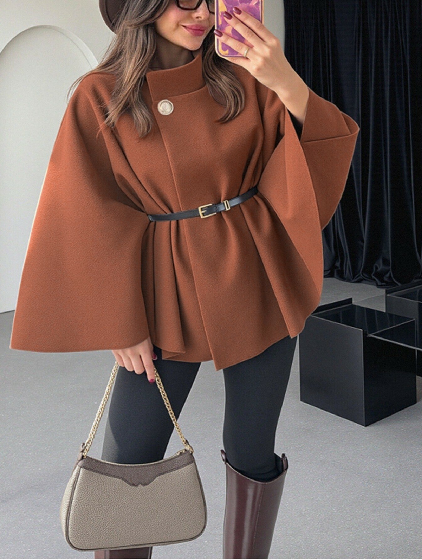 Women's Belted Waist Elegant Cape Poncho Jacket