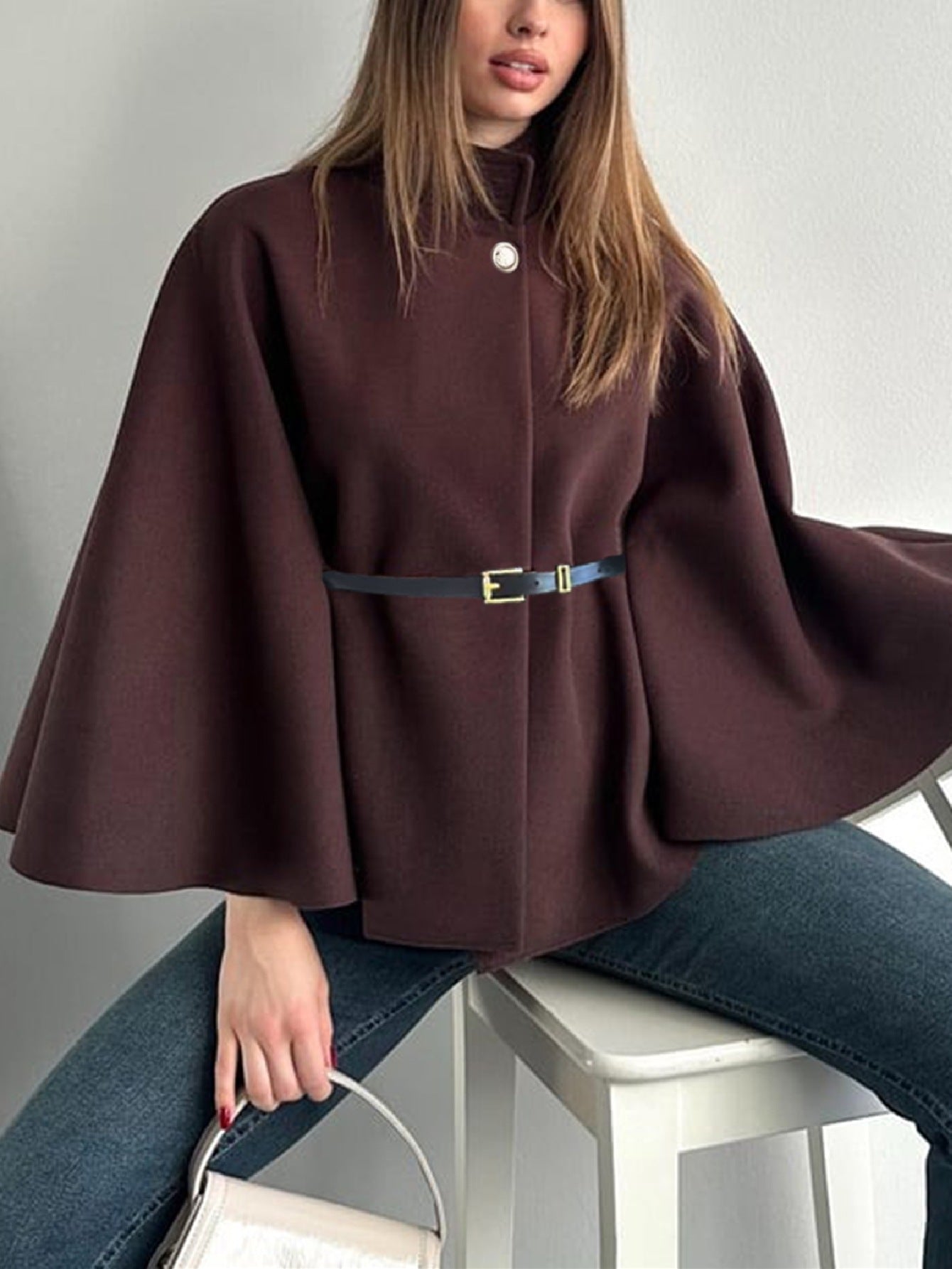 Women's Belted Waist Elegant Cape Poncho Jacket
