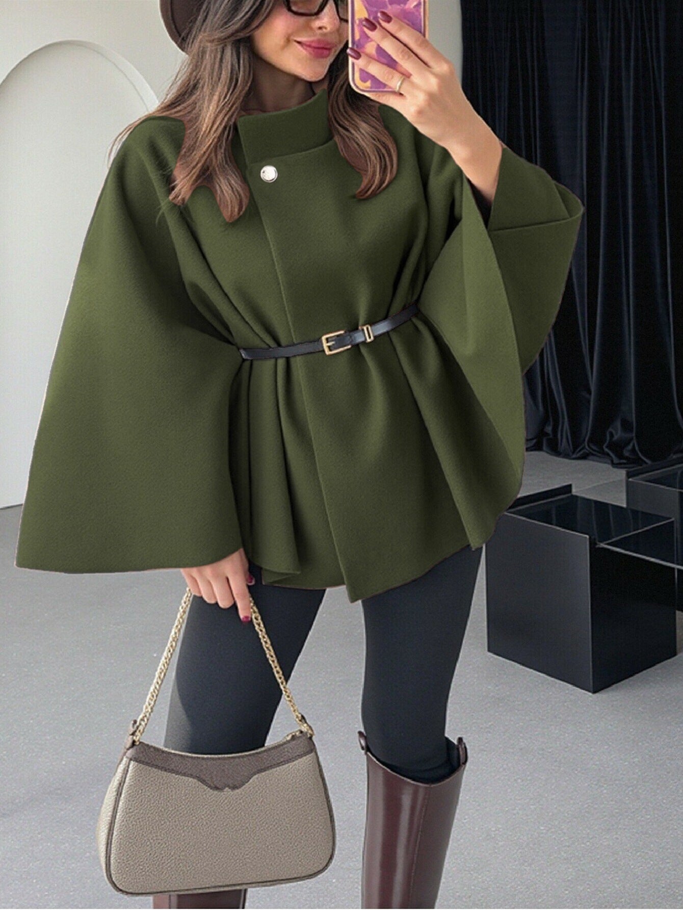 Women's Belted Waist Elegant Cape Poncho Jacket