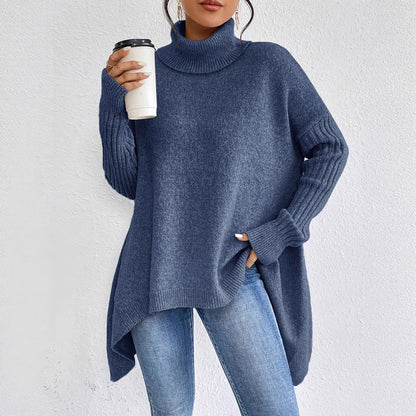 Women's Oversized Turtleneck High-Low Knit Side Slit Winter Sweater