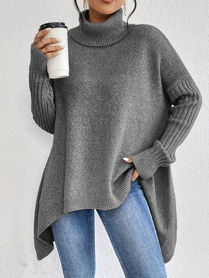 Women's Oversized Turtleneck High-Low Knit Side Slit Winter Sweater