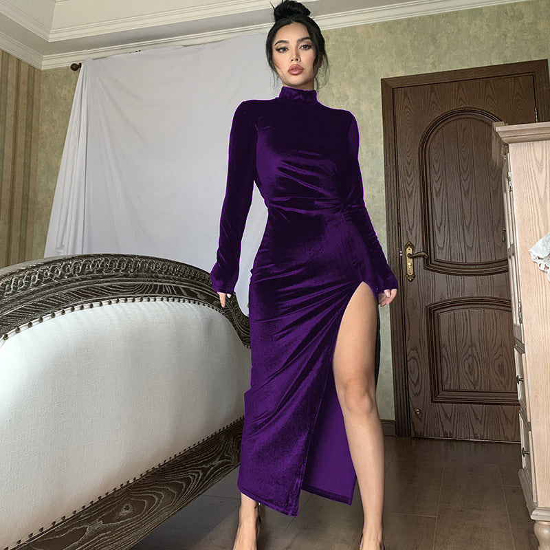 Women's Long-Sleeve Mock-Neck Velvet Maxi Winter Dress with Thigh Slit