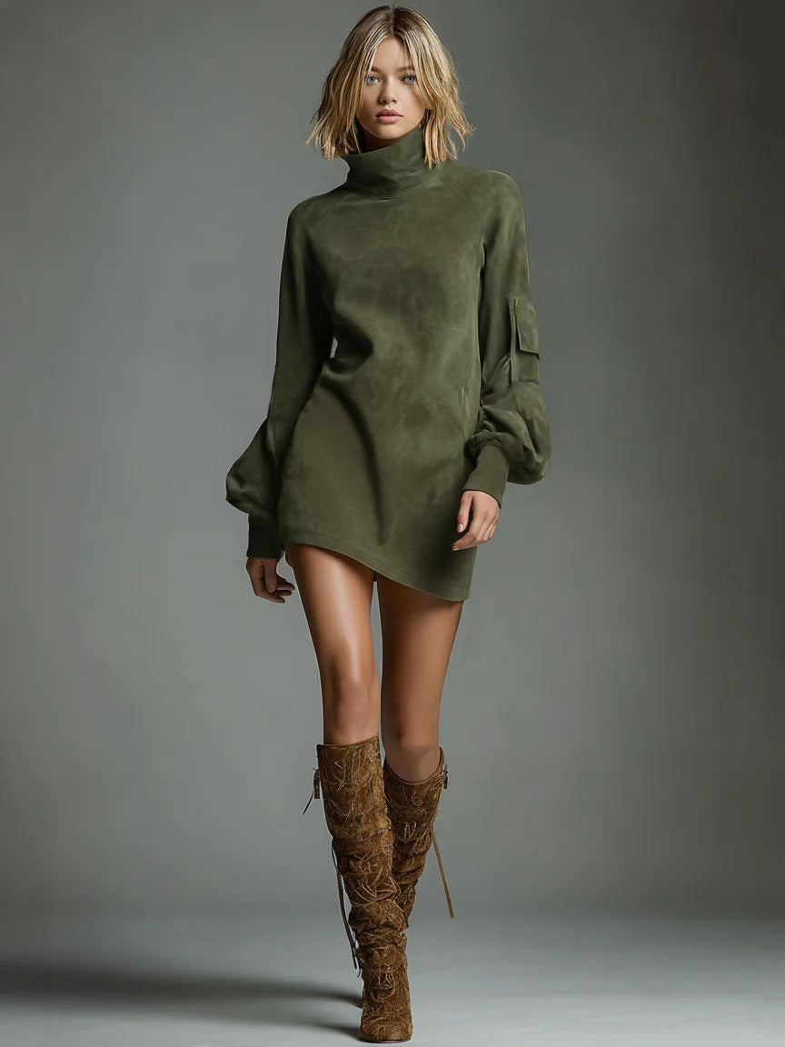 Women's Long Sleeve Faux Suede Turtleneck Cargo Mini Dress