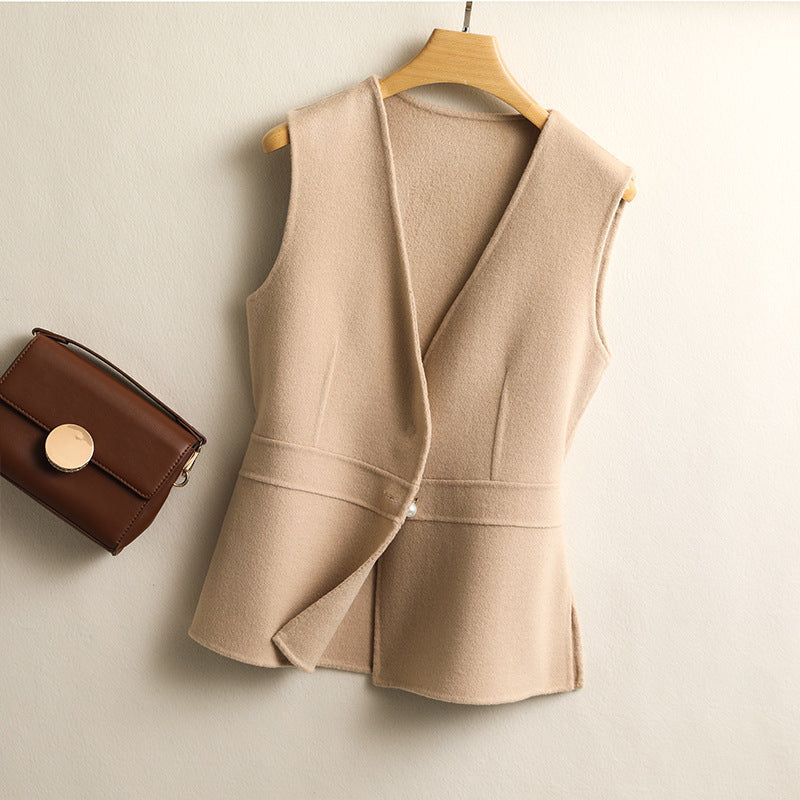 Women's Wool-Blend Peplum Vest Elegant Sleeveless Waistcoat with Pearl