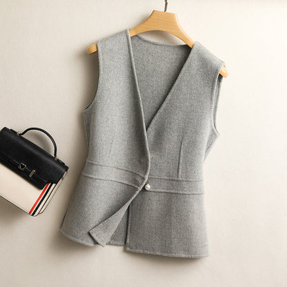 Women's Wool-Blend Peplum Vest Elegant Sleeveless Waistcoat with Pearl