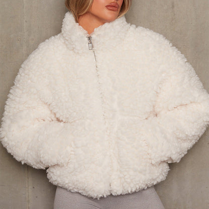 Women's Cropped Oversized Plush Sherpa Teddy Bomber Winter Jacket